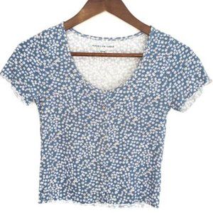American Eagle Floral Crop Top Short Sleeve Blue Small